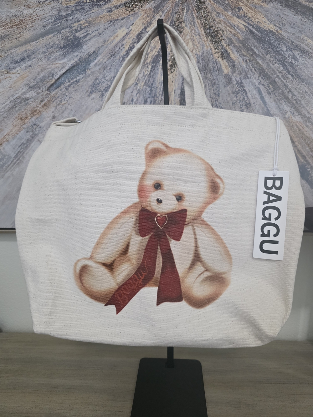 BAGGU Cream Canvas Duck Tote with Teddy Bear and Maroon Bow